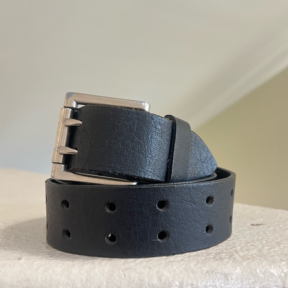 Unisex black‎ leather Silver Tone Double Prong Belt size 40 casual work western